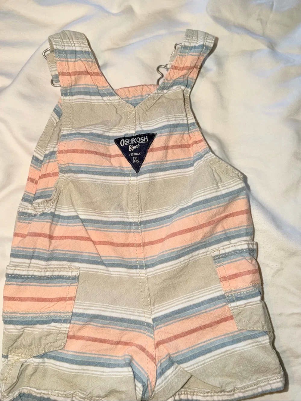 OshKosh B'gosh Cream Overalls with Pink & Blue Stripes